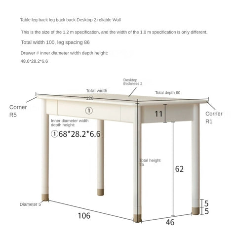 Poplar Solid Wood & Rubberwood Childrens Elevated Desk Cream White Drawer Study Table with Adjustable Height