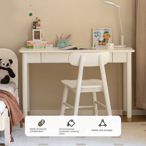 Poplar Solid Wood & Rubberwood Childrens Elevated Desk Cream White Drawer Study Table with Adjustable Height
