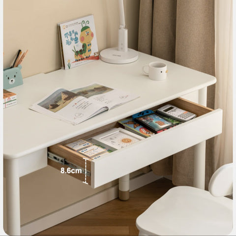 Poplar Solid Wood & Rubberwood Childrens Elevated Desk Cream White Drawer Study Table with Adjustable Height