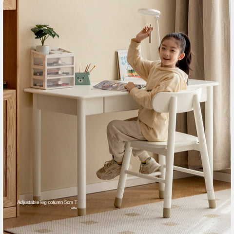 Poplar Solid Wood & Rubberwood Childrens Elevated Desk Cream White Drawer Study Table with Adjustable Height