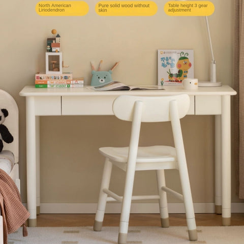 Poplar Solid Wood & Rubberwood Childrens Elevated Desk Cream White Drawer Study Table with Adjustable Height