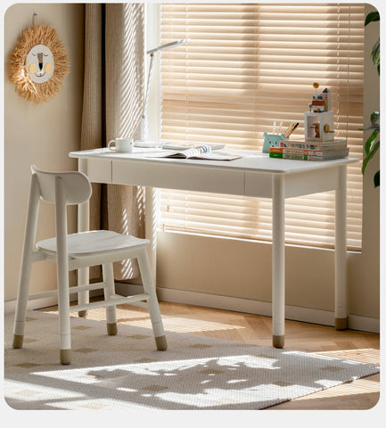 Poplar Solid Wood & Rubberwood Childrens Elevated Desk Cream White Drawer Study Table with Adjustable Height