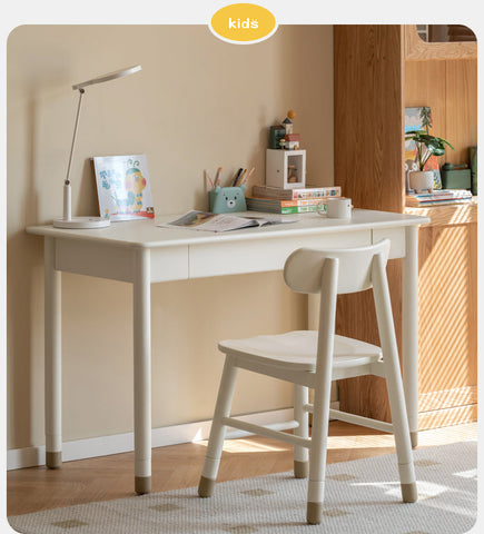 Poplar Solid Wood & Rubberwood Childrens Elevated Desk Cream White Drawer Study Table with Adjustable Height