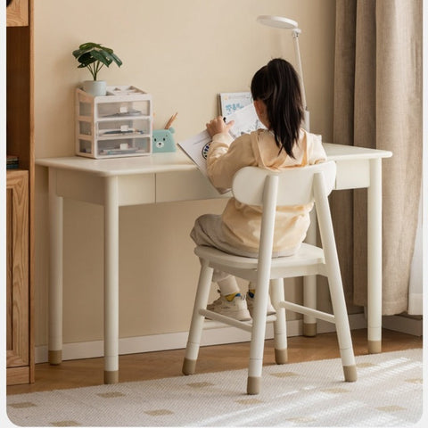 Poplar Solid Wood & Rubberwood Childrens Elevated Desk Cream White Drawer Study Table with Adjustable Height