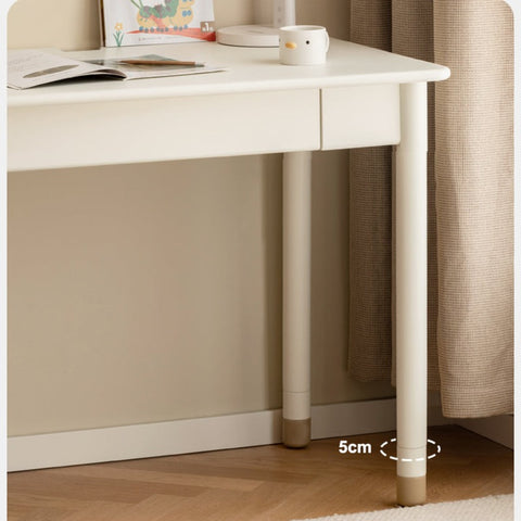 Poplar Solid Wood & Rubberwood Childrens Elevated Desk Cream White Drawer Study Table with Adjustable Height