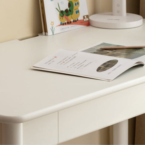 Poplar Solid Wood & Rubberwood Childrens Elevated Desk Cream White Drawer Study Table with Adjustable Height