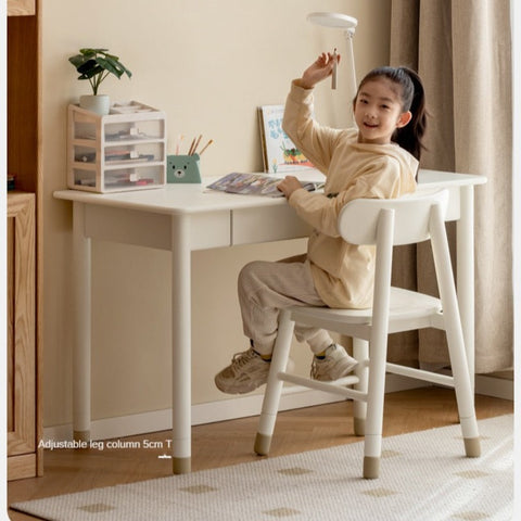 Poplar Solid Wood & Rubberwood Childrens Elevated Desk Cream White Drawer Study Table with Adjustable Height