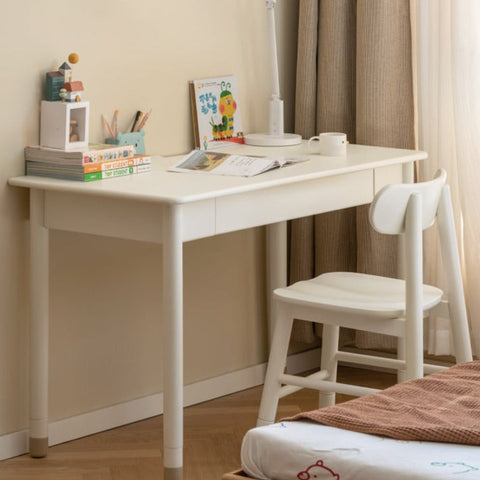 Poplar Solid Wood & Rubberwood Childrens Elevated Desk Cream White Drawer Study Table with Adjustable Height