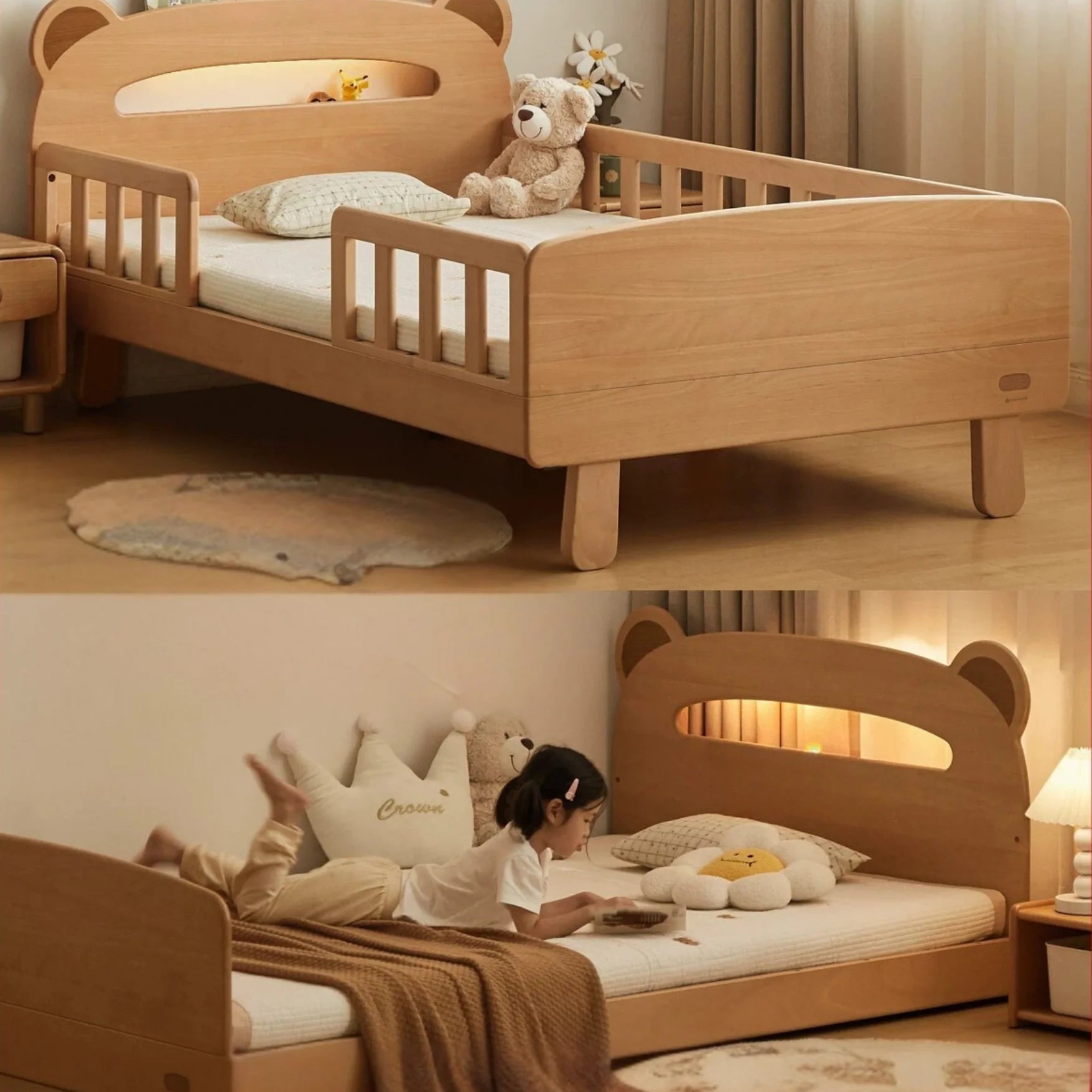 Beech solid wood children's guardrail bed with light
