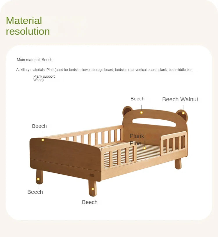 Beech solid wood children's guardrail bed with light