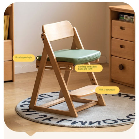 Beech Solid Wood Kids Adjustable Study Chair Green Leaves Ergonomic Learning Chair with Cushion & Pedal