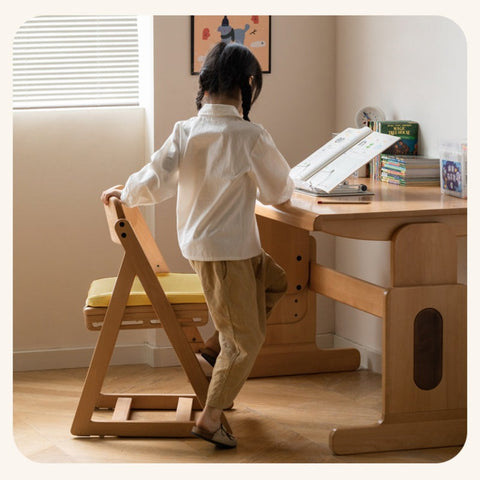 Beech Solid Wood Kids Adjustable Study Chair Green Leaves Ergonomic Learning Chair with Cushion & Pedal