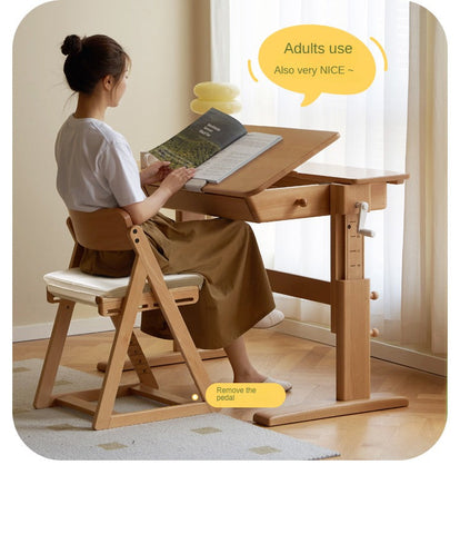 Beech Solid Wood Kids Adjustable Study Chair Green Leaves Ergonomic Learning Chair with Cushion & Pedal
