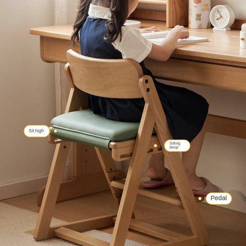 Beech Solid Wood Kids Adjustable Study Chair Green Leaves Ergonomic Learning Chair with Cushion & Pedal