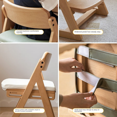 Beech Solid Wood Kids Adjustable Study Chair Green Leaves Ergonomic Learning Chair with Cushion & Pedal