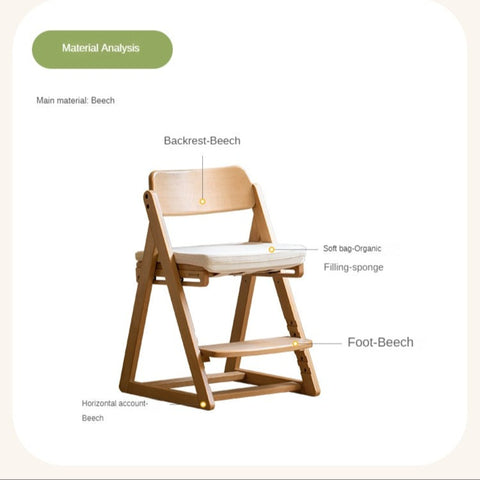 Beech Solid Wood Kids Adjustable Study Chair Green Leaves Ergonomic Learning Chair with Cushion & Pedal