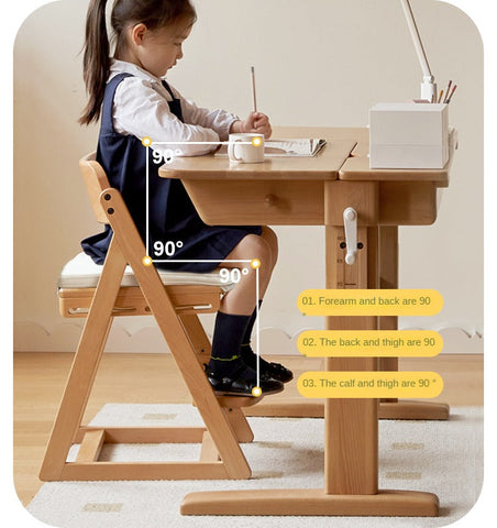 Beech Solid Wood Kids Adjustable Study Chair Green Leaves Ergonomic Learning Chair with Cushion & Pedal