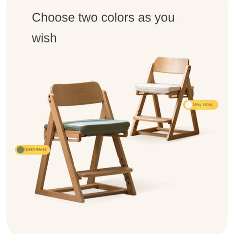 Beech Solid Wood Kids Adjustable Study Chair Green Leaves Ergonomic Learning Chair with Cushion & Pedal