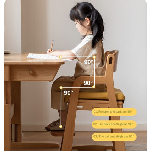 Beech Solid Wood Adjustable Lift Chair for Children Natural Finish Ergonomic Writing and Dining Chair with Cushion