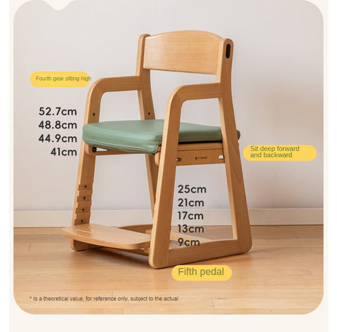 Beech Solid Wood Adjustable Lift Chair for Children Natural Finish Ergonomic Writing and Dining Chair with Cushion