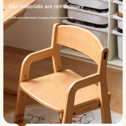 Beech Solid Wood Adjustable Lift Chair for Children Natural Finish Ergonomic Writing and Dining Chair with Cushion