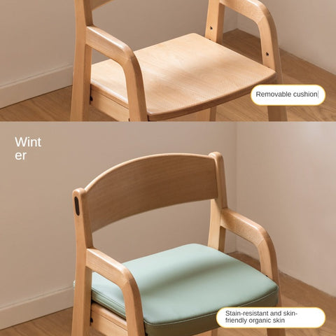 Beech Solid Wood Adjustable Lift Chair for Children Natural Finish Ergonomic Writing and Dining Chair with Cushion