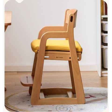Beech Solid Wood Adjustable Lift Chair for Children Natural Finish Ergonomic Writing and Dining Chair with Cushion