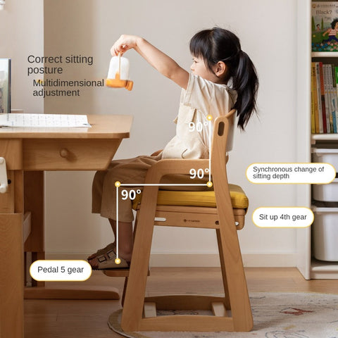 Beech Solid Wood Adjustable Lift Chair for Children Natural Finish Ergonomic Writing and Dining Chair with Cushion