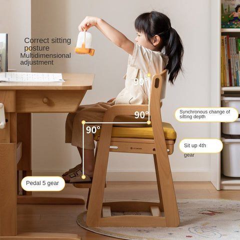 Beech Solid Wood Adjustable Lift Chair for Children Natural Finish Ergonomic Writing and Dining Chair with Cushion