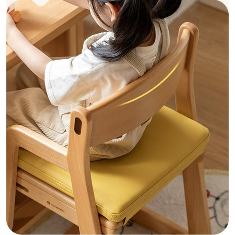 Beech Solid Wood Adjustable Lift Chair for Children Natural Finish Ergonomic Writing and Dining Chair with Cushion