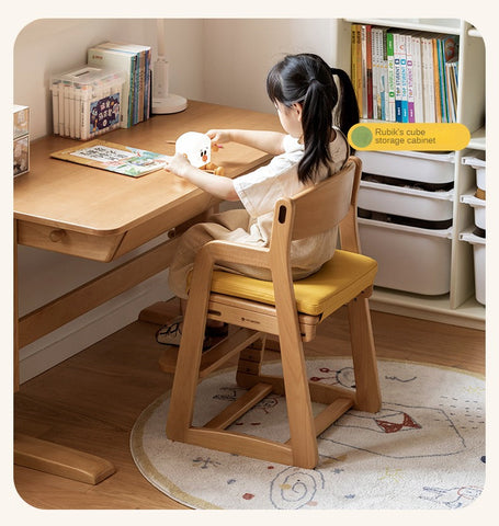 Beech Solid Wood Adjustable Lift Chair for Children Natural Finish Ergonomic Writing and Dining Chair with Cushion