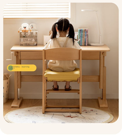 Beech Solid Wood Adjustable Lift Chair for Children Natural Finish Ergonomic Writing and Dining Chair with Cushion