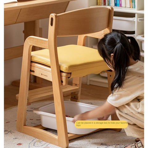 Beech Solid Wood Adjustable Lift Chair for Children Natural Finish Ergonomic Writing and Dining Chair with Cushion