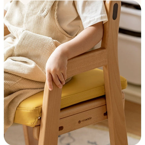 Beech Solid Wood Adjustable Lift Chair for Children Natural Finish Ergonomic Writing and Dining Chair with Cushion