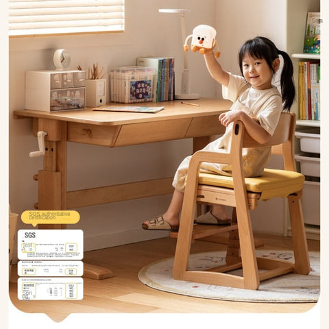 Beech Solid Wood Adjustable Lift Chair for Children Natural Finish Ergonomic Writing and Dining Chair with Cushion