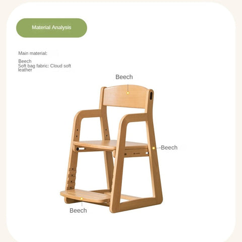 Beech Solid Wood Adjustable Lift Chair for Children Natural Finish Ergonomic Writing and Dining Chair with Cushion