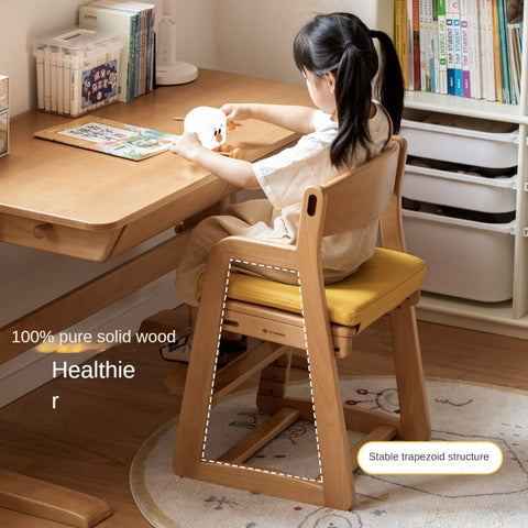 Beech Solid Wood Adjustable Lift Chair for Children Natural Finish Ergonomic Writing and Dining Chair with Cushion