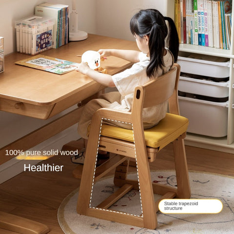 Beech Solid Wood Adjustable Lift Chair for Children Natural Finish Ergonomic Writing and Dining Chair with Cushion
