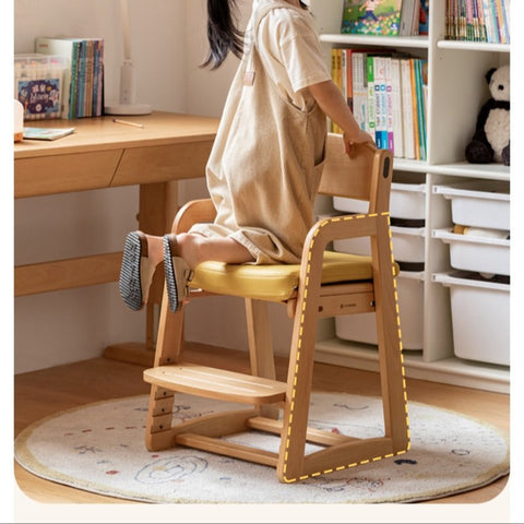 Beech Solid Wood Adjustable Lift Chair for Children Natural Finish Ergonomic Writing and Dining Chair with Cushion