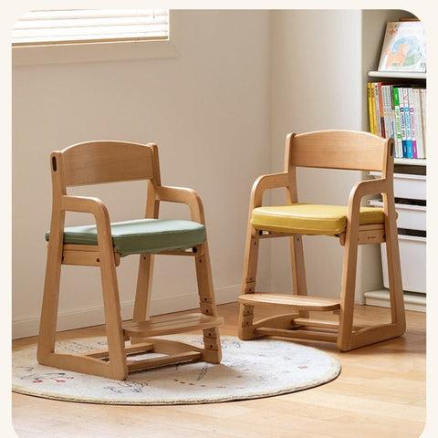 Beech Solid Wood Adjustable Lift Chair for Children Natural Finish Ergonomic Writing and Dining Chair with Cushion