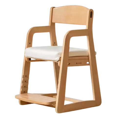 Beech Solid Wood Adjustable Lift Chair for Children Natural Finish Ergonomic Writing and Dining Chair with Cushion