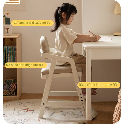Birch Solid Wood Cream Adjustable Children Learning Chair Ergonomic Lift Writing Desk Seat
