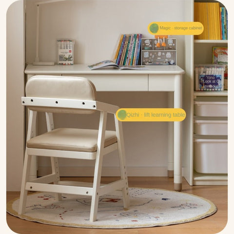 Birch Solid Wood Cream Adjustable Children Learning Chair Ergonomic Lift Writing Desk Seat