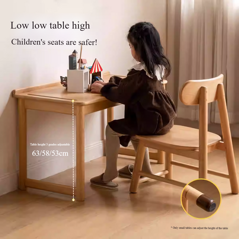 Beech Solid Wood Childrens Learning Desk Natural Finish Adjustable Height Writing Table for Kids