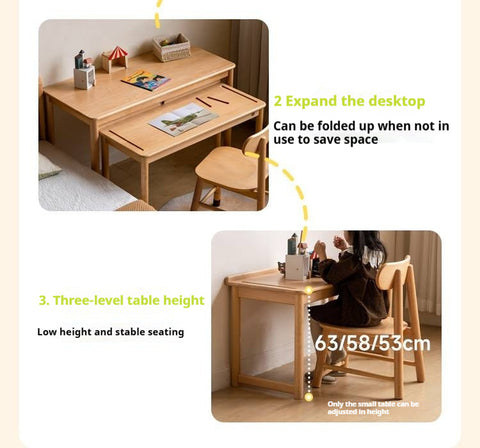 Beech Solid Wood Childrens Learning Desk Natural Finish Adjustable Height Writing Table for Kids