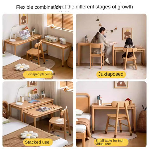 Beech Solid Wood Childrens Learning Desk Natural Finish Adjustable Height Writing Table for Kids