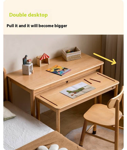 Beech Solid Wood Childrens Learning Desk Natural Finish Adjustable Height Writing Table for Kids