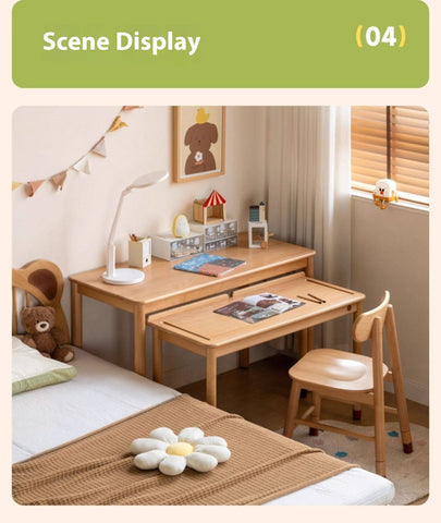Beech Solid Wood Childrens Learning Desk Natural Finish Adjustable Height Writing Table for Kids