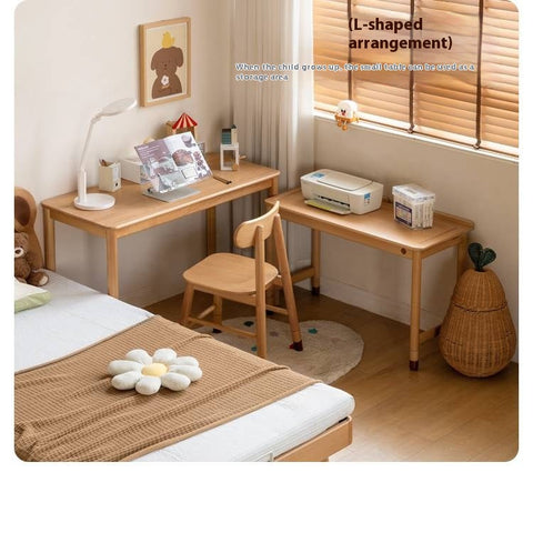 Beech Solid Wood Childrens Learning Desk Natural Finish Adjustable Height Writing Table for Kids