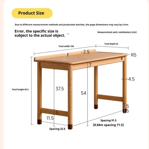 Beech Solid Wood Childrens Learning Desk Natural Finish Adjustable Height Writing Table for Kids